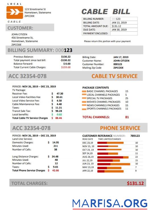 Printable USA Marine Local Cable utility bill template in Word and PDF format (.doc and .pdf)